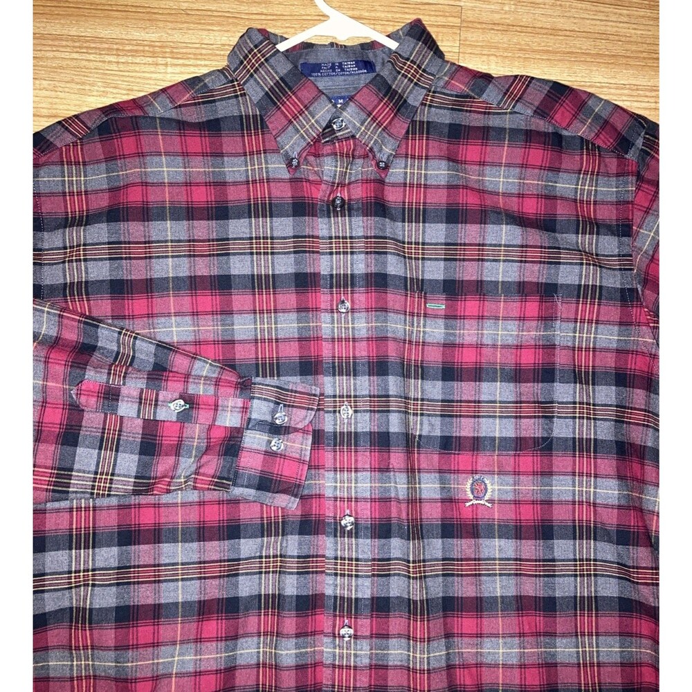 Tommy Hilfiger Mens L Red Gray Plaid Button Down Long Sleeve Shirt Logo Pocket